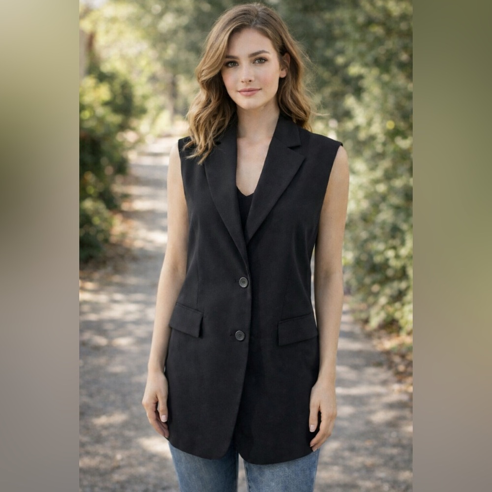 Noir Black Sleeveless Long Vest Blazer Size S Small Polyester/Spandex NEW